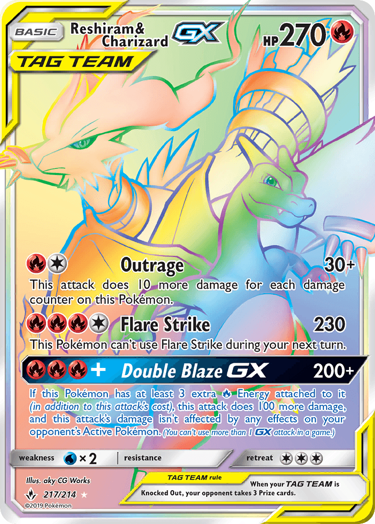 Rare Reshiram & Charizard-GX Pokémon card from Unbroken Bonds set