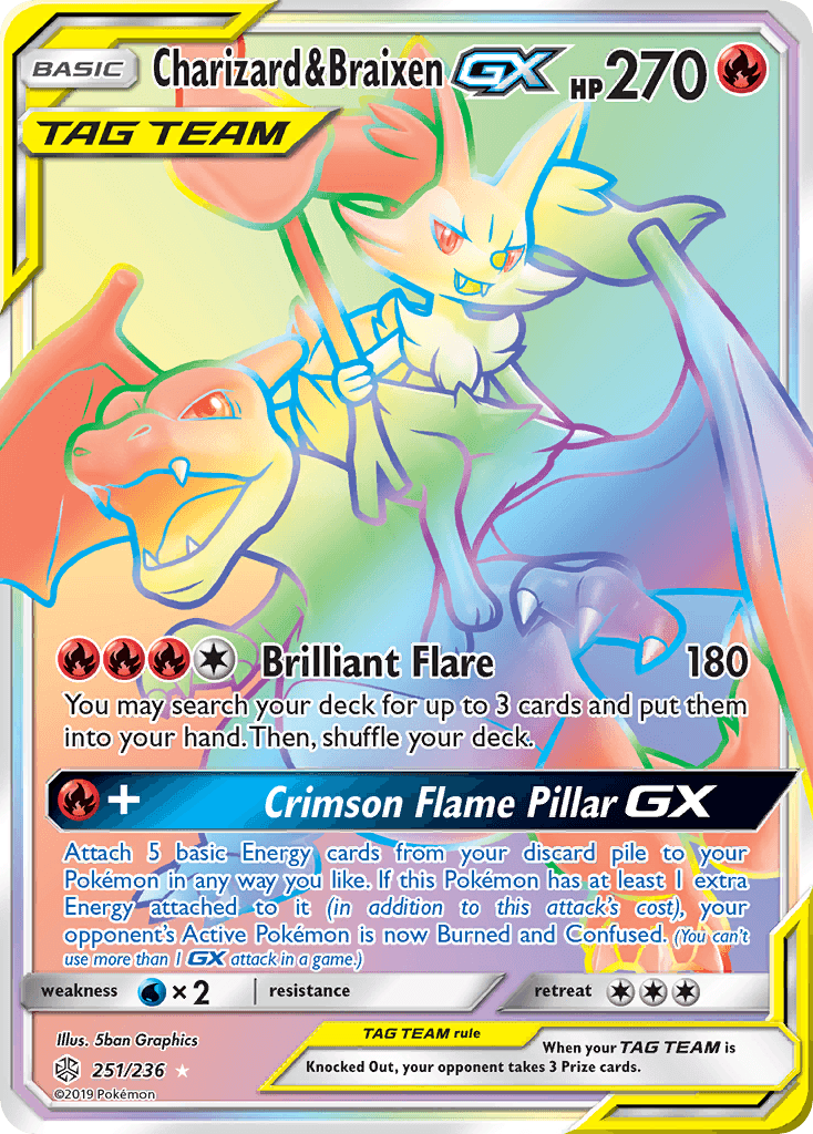 Rare Charizard & Braixen-GX Pokémon card from Cosmic Eclipse set